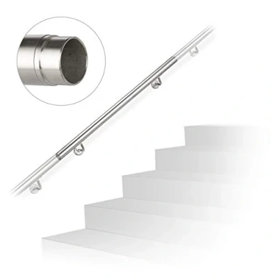 Image of Relaxdays Handrail, Stair Rail, Extendable, Indoor, Outdoor, Round, Ø 42 mm, Stainless Steel, Bracket, 100 cm, Silver, 12.5 x 7.5 cm