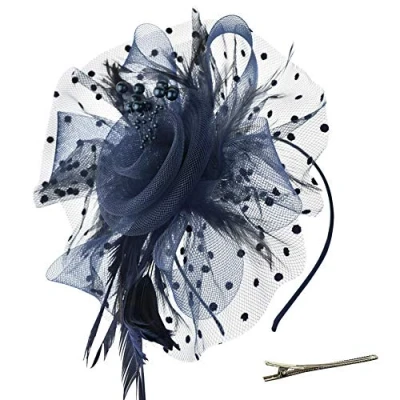 Image of DRESHOW Fascinators Hat Flower Mesh Ribbons Feathers on a Headband and Forked Clip Cocktail Tea Party Headwear for Girls Women