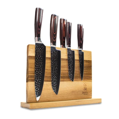 Image of Hammered stainless steel 6 piece Knife set + Acacia holder single sided