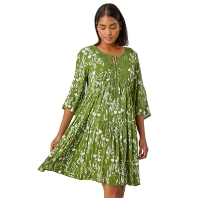 Image of Roman Originals Smock Dress for Women UK Ladies Cotton Summer Embroidered Frilled Tiered Lounge Casual Beach Cruise Holiday Cocktail Party 3/4 Sleeve Pull On Gathered Skirt Khaki Size 18