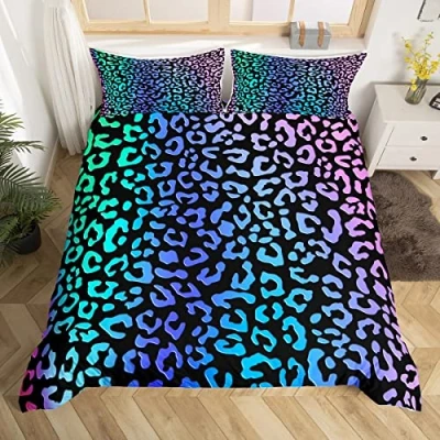 Image of Homemissing Leopard Print Duvet Cover Set Glitter Cheetah Bedding for Kids Boys Girls Wild Animal Decor Comforter Microfiber Geometric Bedspread Ombre Bedclothes Single