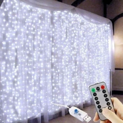 Image of FANSIR 300 LED Curtain Lights, USB Plug in Window Lights 3m x 8 Modes Remote Control Fairy Light Waterproof Copper String for Outdoor Indoor Wedding Party Garden Bedroom Decoration