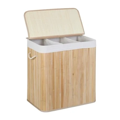 Image of Relaxdays Bamboo Laundry, Clothes Container, 3 Compartments, Folding, Rectangular Basket, 62x62.5x42.5cm, Natural