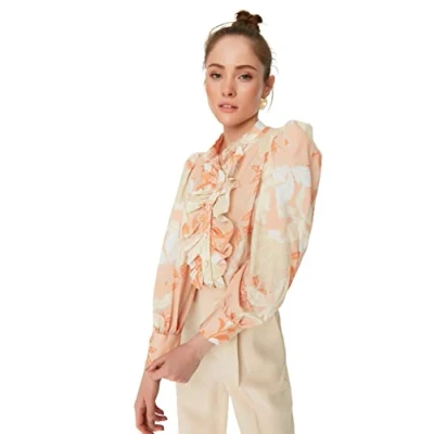 Image of Trendyol Women&#039;s Woman Regular fit Basic Collar Woven Shirt, Orange, 34