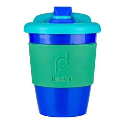 Image of DrinkPod 12oz/340 ml Reusable Coffee Cup / Travel Mug with Rotating Rubber Lip BPA Free PLA Plastic Ocean Blue