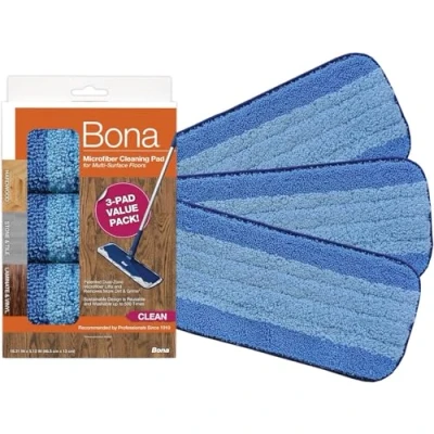 Image of Bona Microfibre Cleaning Pad, for Wood and Hard Surface Floors, fits Family of Mops, 3 Count (Pack 3), Blue