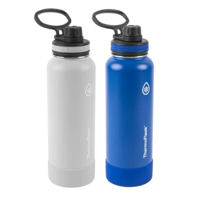 Image of ThermoFlask Bottle with Spout Lid Stainless Steel Water Bottles Double Wall Insulation &amp; BPA Free Lids Leak Proof Reusable 40 oz, Ice Grey/Azure (2 Pack)