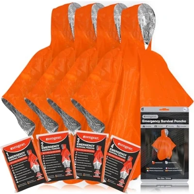 Image of aZengear Emergency Survival Poncho (4pc) Thermal Mylar Foil Coating Blanket for Heat Retention and Rain Reversible with Hood Waterproof, Windproof, Portable, Hands free, Outdoor Kit