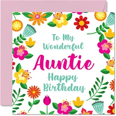 Image of Fun Birthday Cards for Auntie Wonderful Female Cute Happy Card Aunt from Nephew Niece, Aunty Special Gifts, 145mm x Floral Greeting Gift