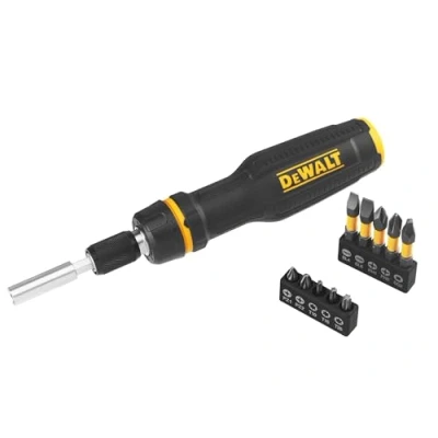 Image of Dewalt Full Fit Telescoping Multi bit Ratcheting Screwdriver + 10 Bits, Contains 5 x 25mm Bits: PH1, PH2, SL4, SL6 &amp; SQ2, 50mm SQ2.