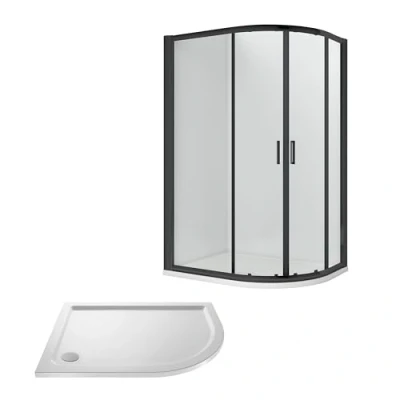 Image of Ruwa Shower Enclosure Bundle Offset Right Hand Quadrant &amp; Slimline Tray Black/White 1000mm x 800mm Balterley