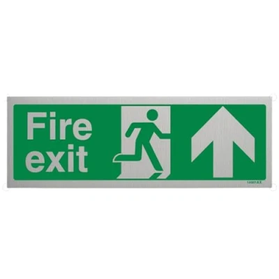 Image of V Safety Fire Exit Arrow Up Sign 300mm x 100mm 3mm Brushed Alu Comp