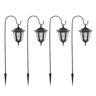 Image of Garden Mile 4 x Black Shepherds Crook Hanging Victorian Coach Lamp Lantern Solar Lights LED Post Traditional Outdoor Lighting (x 4)