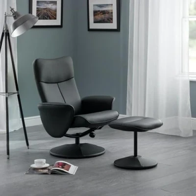 Image of Julian Bowen Lugano Recliner &amp; Stool with Covered Base, Metal Frame Foam Upholstery, Black Faux Leather, Height: 95, Width: 75, Depth: 76cm