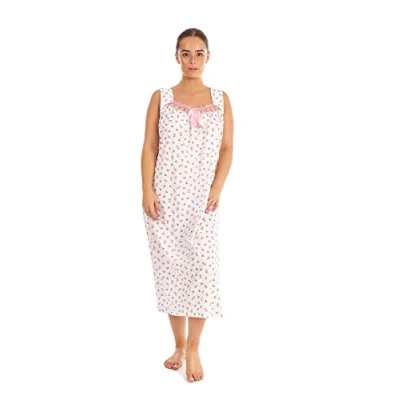 Image of Ladies Floral Nightdress 100% Cotton Strap V Neck lace Long Nightwear M to 3XL Pink