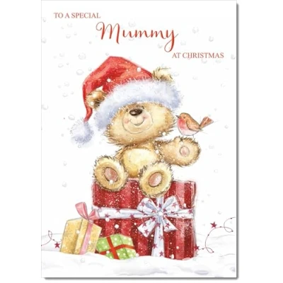 Image of doodlecards Mummy Christmas Card Cute Bear on Parcel Large A4 Size for with Plain Envelope