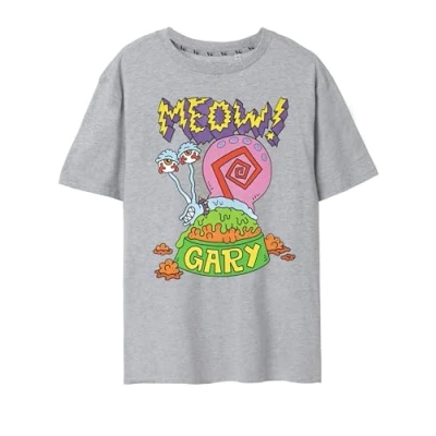 Image of SPONGEBOB SQUAREPANTS Mens T Shirt Grey Meow Gary The Snail Graphic Tee for Him Iconic Cartoon Lightweight Short Sleeve Top Sponge Bob Merchandise Gift Adults