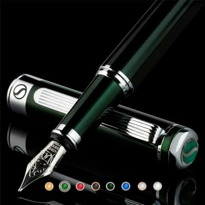 Image of Scriveiner British Racing Green Fountain Pen Stunning Luxury with Chrome Finish, Schmidt Nib (Medium), Best Gift Set for Men &amp; Women, Professional, Executive, Office, Nice Pens