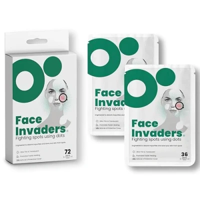 Image of Face Invaders Acne Patches Pack of 72 Translucent Hydrocolloid Pimple Patch Spot Treatment Stickers for and Body Fast Acting, Vegan &amp; Cruelty Free Skin Care