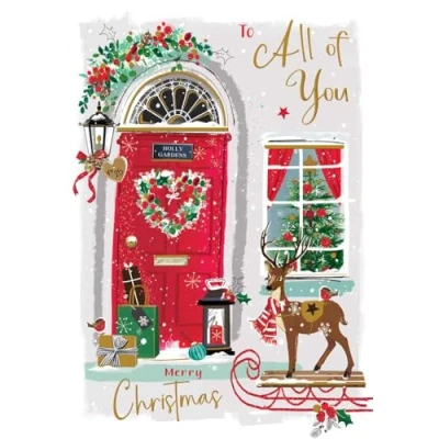 Image of All of You Christmas Card Festive Front Door and Reindeer Contemporary Artistic Design Special Finishes Illustrated Insert Leaf Made in the UK