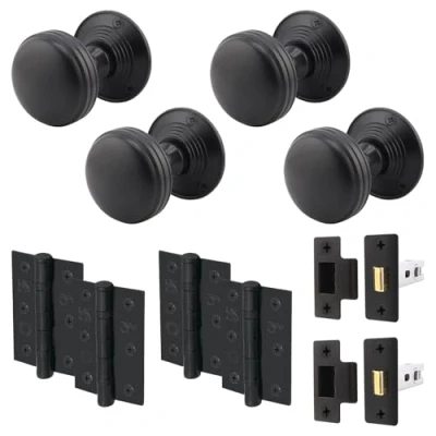 Image of EAI Lined Door Knob Set Matt Black 2 Pairs of Mortice Knobs (55mm), Latch (76mm) &amp; Hinges for Internal Doors