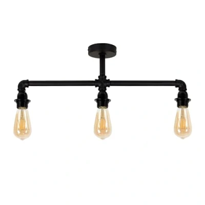 Image of MiniSun Industrial Steampunk Style Satin Black 3 Way Bar Pipework Ceiling Light Fitting