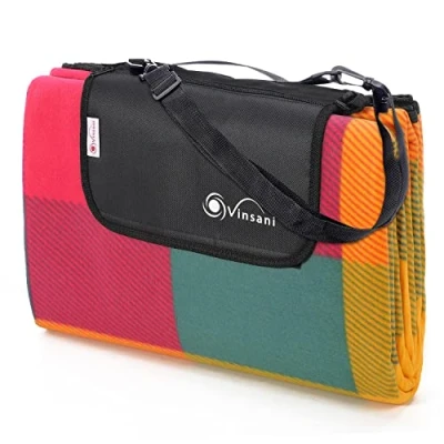 Image of Vinsani 220 x 200cm Folding Picnic Blanket Waterproof &amp; Sandproof Backing Ideal for Camping Outdoor Multicoloured Rug Mat with Carry Handle