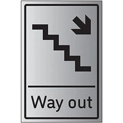 Image of V Safety Way Out Arrow Down Stairs Right 200mm x 300mm Self Adhesive Aluminium Effect