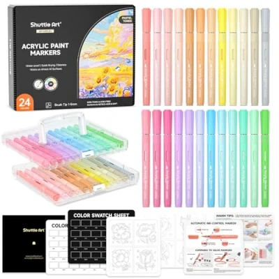 Image of Shuttle Art Automatic Ink Control Acrylic Paint Markers, 24 Pastel Colors Brush Tip Pens for Rock Painting, Ceramic, Wood, Canvas, Glass, Stone, Fabric, Card Making, DIY &amp; Supplies
