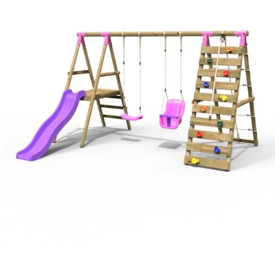 Image of Rebo® Wooden Swing Set with Deck and Slide Plus Up Over Climbing Wall Moonstone Pink OutdoorToys Sturdy Construction, Pressure Treated Timber