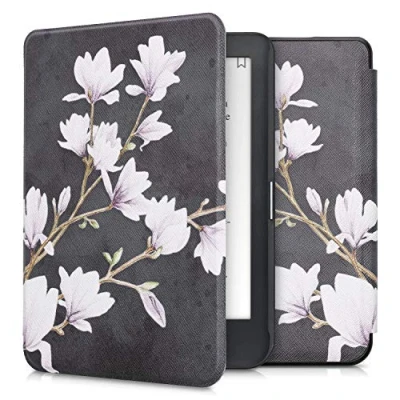 Image of kwmobile Case Compatible with Kobo Clara HD eReader Cover Magnolias Taupe/White/Dark Grey