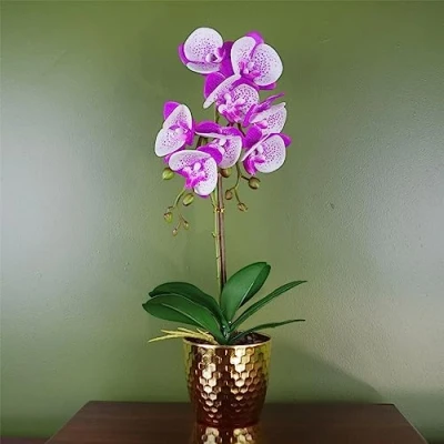 Image of Leaf 50cm Phalaenopsis Orchid Artificial Purple/White Gold Pot
