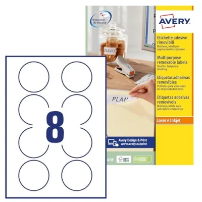 Image of Avery L4852REV Printable, Customisable Removable Round Labels, All Printers, 8 Labels Per A4 Sheet, 200 White