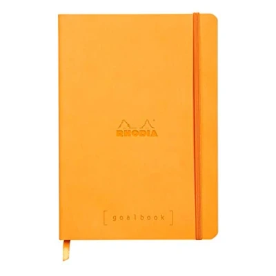 Image of RHODIA 117755C Soft Notebook Bullet Journal Goalbook Orange A5 Dotted Dot 240 pages 90g Ivory Clairefontaine Paper 2 Ribbons, Elastic Closure Faux Leather Cover