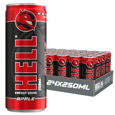 Image of HELL Energy Drink Apple Flavour 24 x 250ml Cans Multipack 32mg/100ml Caffeine Contains Vitamins B2 B3 B5 B6 B12 Preservative Free Vegan Reduce Fatigue &amp; Boost