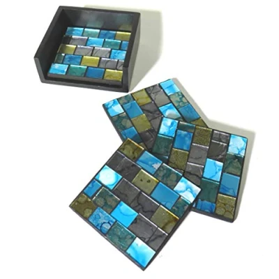 Image of Blue and Gold Mosaic Set of 4 Square Coasters