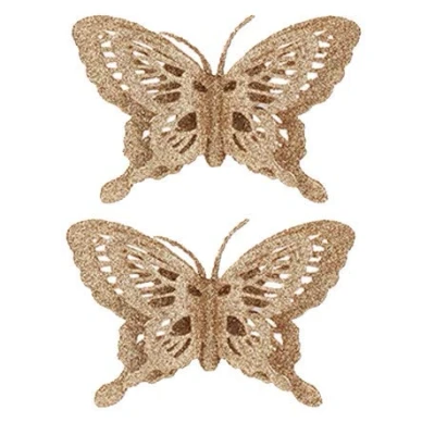 Image of Snow White Christmas 2 Pack Full Glitter Butterfly with Beak Clip Tree Decoration Rose Gold