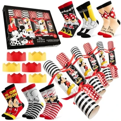 Image of Disney Stitch Christmas Crackers Set of 6 with Socks Inside One Size Crew Minnie Mouse Women Teenagers Kids Gifts (Black Mickey Adult)