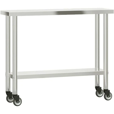 Image of vidaXL Kitchen Work Table with Wheels 110x30x85 cm Stainless Steel