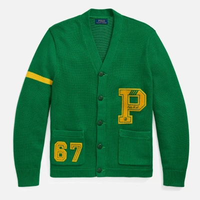 Image of Polo Ralph Lauren Cotton Letterman Cardigan Cardigan, Men&#039;s, Size: Large, Green combo