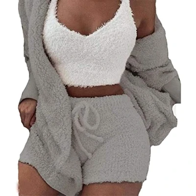 Image of DIVAND Women&#039;s Winter Plush Home Wear Casual 3 Piece Pajamas Long Sleeved Fluffy Hooded Jacket with Open Front Coat &amp; Shorts Vest Suit Fashion Keep Warm Clothes,Gray,S