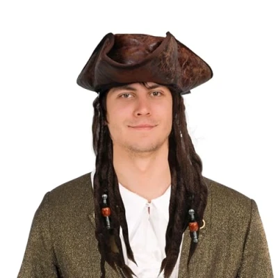 Image of Deluxe Pirate Captain Hat with Dreadlocks. Handmade Retro Artificial Leather Party Costume Tricorn Hat.