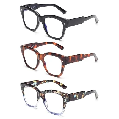 Image of JM 3 Pack Square Blue Light Blocking Reading Glasses, Oversized Computer Readers for women men +3.0