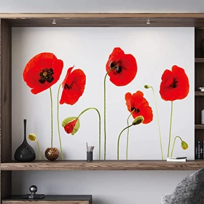 Image of WALPLUS Red Poppy Flowers 13x33x3cm Spring Wall Stickers Nursery Removable Self Adhesive Mural Art Decals Vinyl Home Decoration DIY Living Bedroom Decor Wallpaper Kids Room Gift Stick on