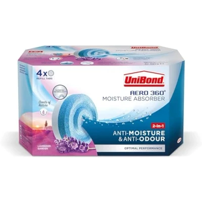 Image of UniBond AERO 360 Moisture Absorber Lavender Garden Refill Tab, aromatherapy, ultra absorbent and odour neutralising, for Dehumidifier, Condensation Absorbers, 4 Pack (4 x 450g)