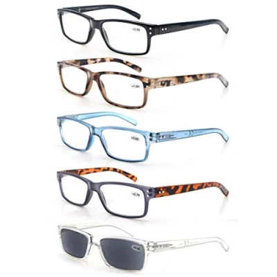 Image of MODFANS 5 Pack Reading Glasses 3.5 Mens/Womens,Readers Rectangular Frame with Comfort Spring Hinges,Stylish Eyeglasses for Reading,Includes Sunglass Readers