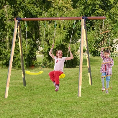 Image of Trigano Piki Kids Wooden Double Garden Swing with Rope Ladder