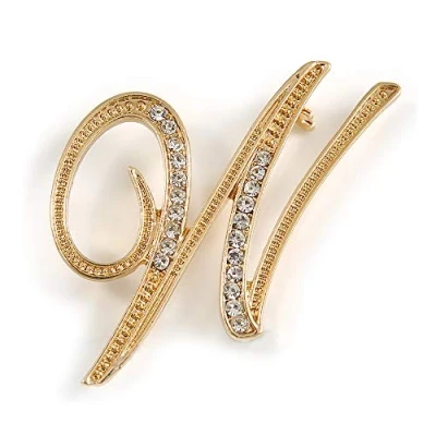 Image of &#039;W&#039; Gold Plated Clear Crystal Letter W Alphabet Initial Brooch Personalised Jewellery Gift 35mm Tall