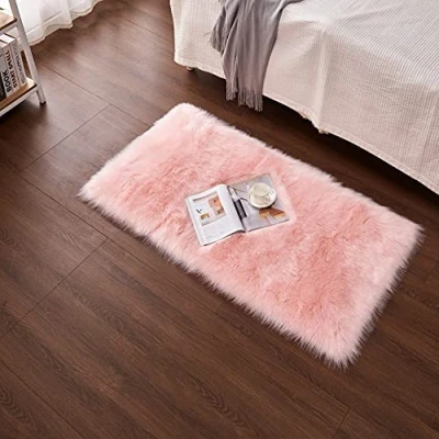Image of Cumay Super Soft Fluffy Faux Sheepskin Rug, Shaggy Silky Plush Carpet For Bedrooms Rugs Living Room Kids Rooms Decor Bedside (Pink, 19.7 x 59 inch)