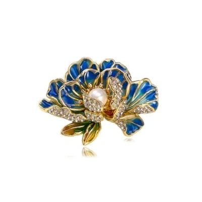 Image of Peony Flower Rhinestone Brooch Elegant Pearl Pin Blue Crystal Diamond for Party Dance Wedding Banquet Women Girl